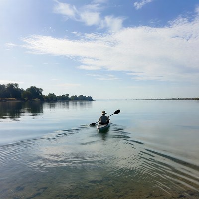 Man kayaking on calm river