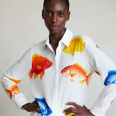 African-American woman in colorful fish shirt
