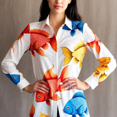 Woman in colorful fish print shirt
