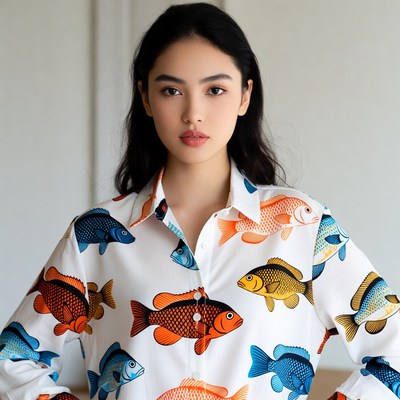Asian woman in colorful fish print shirt