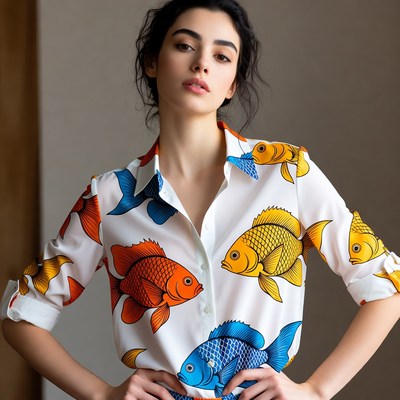 Woman in colorful fish print shirt