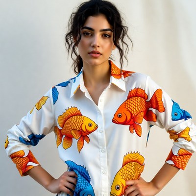 Woman in colorful koi fish shirt