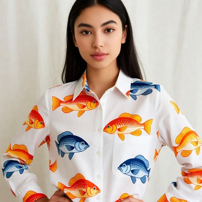 Asian woman in colorful fish print shirt