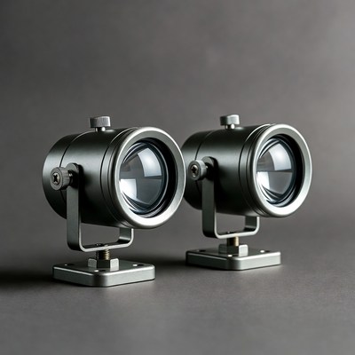 Pair of metallic spotlights on gray background