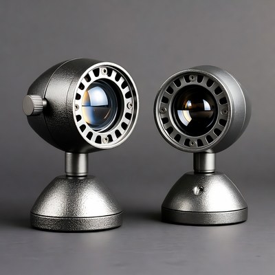Two Metallic Projector Lamps on Stands