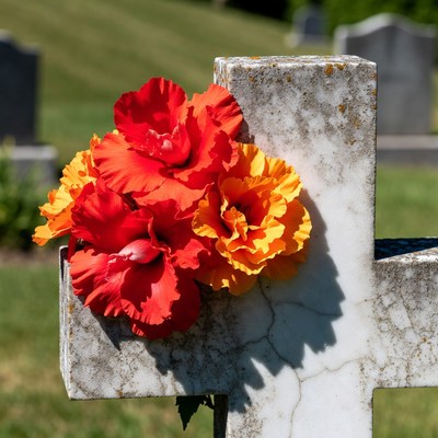 Red and Orange Hibiscus on Grave Cross