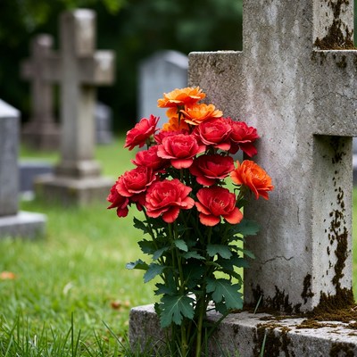 Red Roses on Cemetery Cross