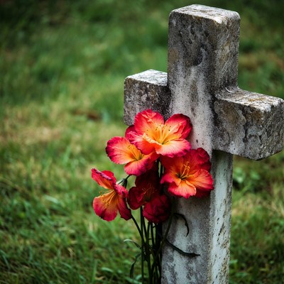 Red Flowers on Stone Cross
