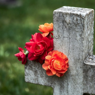 Red and Orange Flowers on Stone Cross