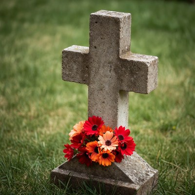 Stone Cross with Red Flowers in Grass