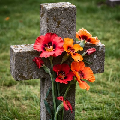 Red and Orange Poppies on Stone Cross