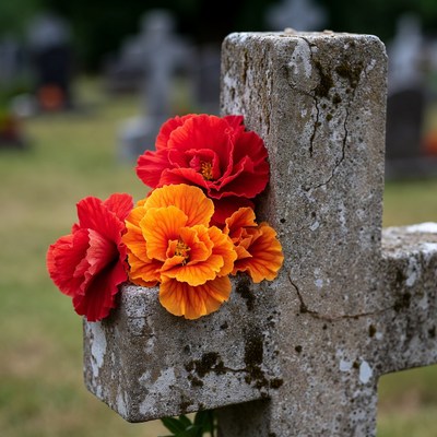 Red Orange Flowers on Cemetery Cross