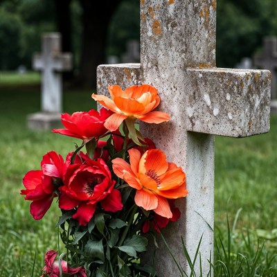Orange and Red Roses on Cemetery Cross