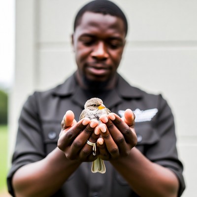 African-American man holding baby bird