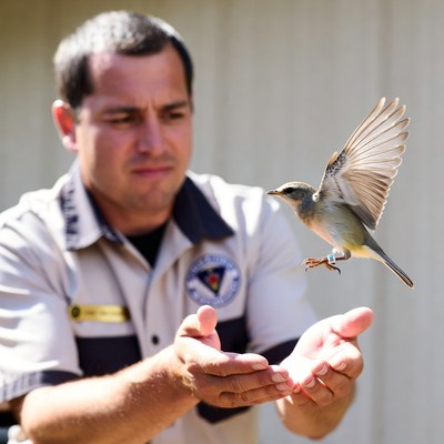 Man holding flying bird in hands