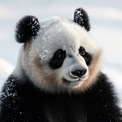 Snowy panda bear in winter