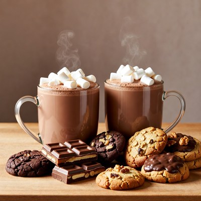 Two Hot Chocolates with Marshmallows and Cookies