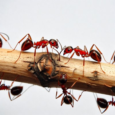 Red ants crawling on wooden branch