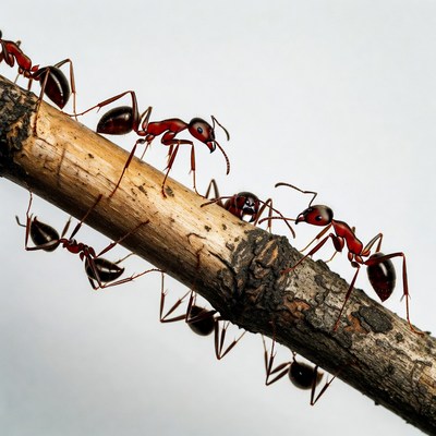Red ants crawling on wooden stick