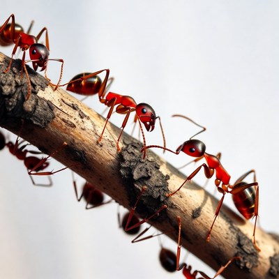 Red ants crawling on branch