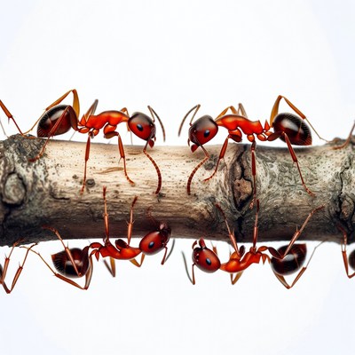 Red ants on wooden branch