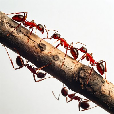 Red ants crawling on branch