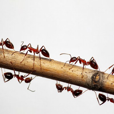 Red ants crawling on branch