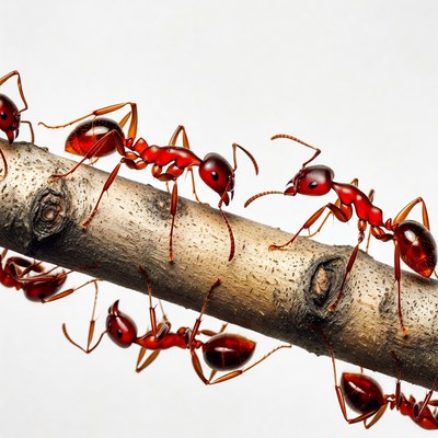 Red ants crawling on branch