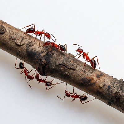 Red ants on wooden branch