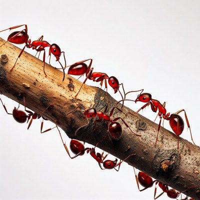 Red ants crawling on wooden branch