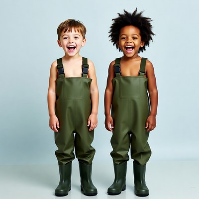 Two boys in green rain gear smiling