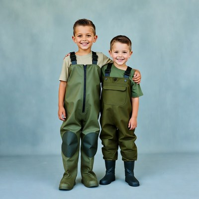 Two boys in waders smiling