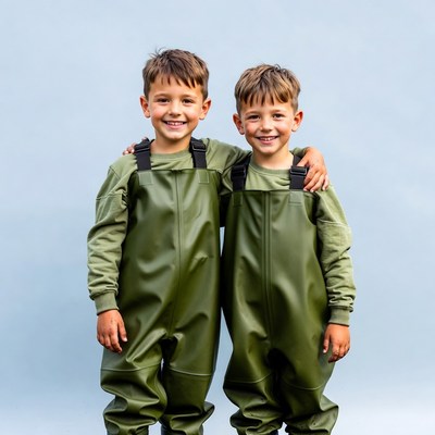 Twin boys in green rain overalls