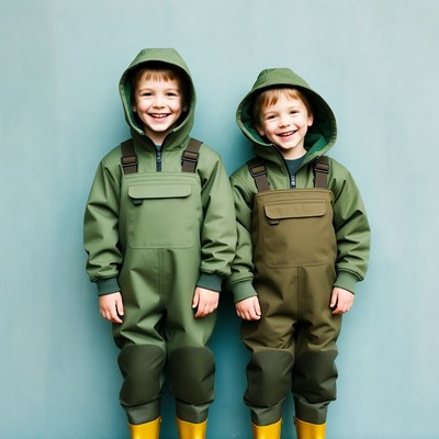 Twin boys in green raincoats and yellow boots