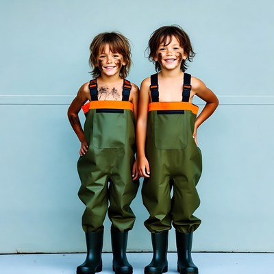 Twin boys in green rain gear smiling