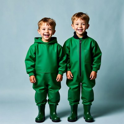 Twin boys in green raincoats and boots