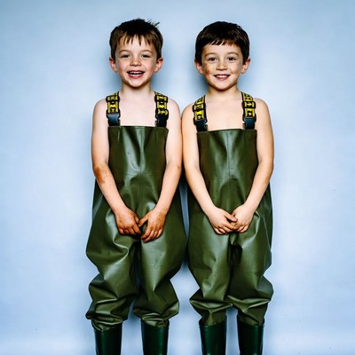 Twin boys in green rain gear