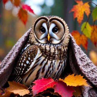 Barred Owl in Knitted Scarf with Autumn Leaves