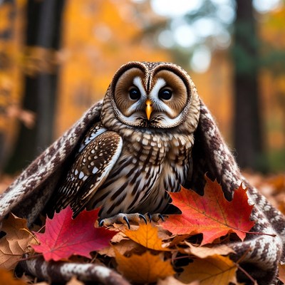 Barred Owl in Autumn Forest Blanket