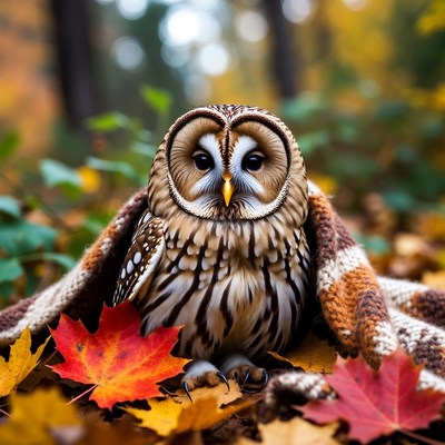 Barred Owl in Autumn Forest with Blanket