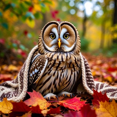 Barred Owl Wrapped in Blanket on Autumn Leaves