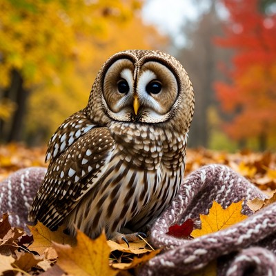 Barred Owl in Autumn Leaves