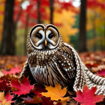 Barred Owl in Autumn Forest Leaves