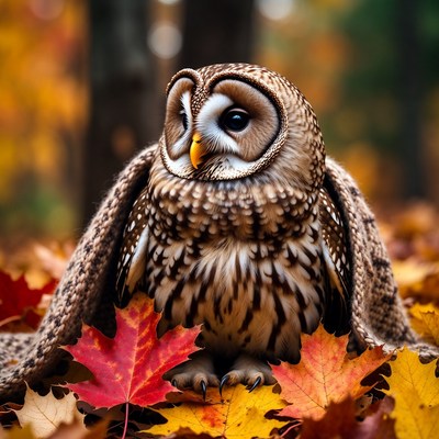 Barred Owl in Autumn Leaves