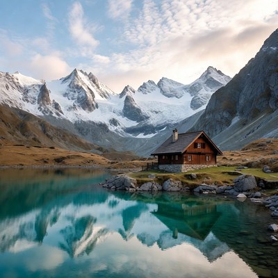 Red Chalet by Alpine Lake