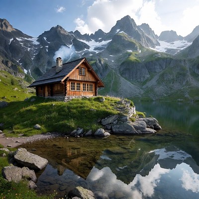 Wooden Cabin by Mountain Lake