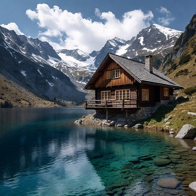 Wooden Cabin by Alpine Lake