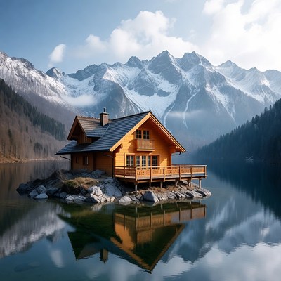 Wooden Cabin on Lake Island Mountains