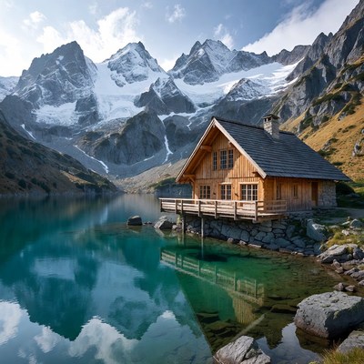 Wooden Cabin by Alpine Lake