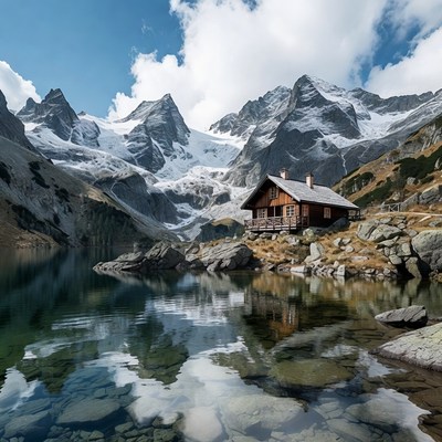 Wooden Cabin by Alpine Lake